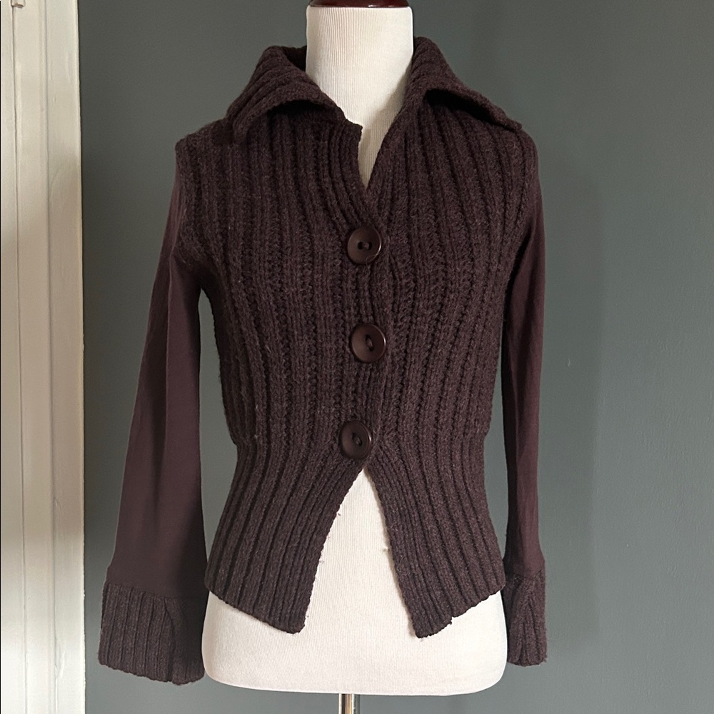 Max & Co. (Max Mara)Brownish Red Ribbed Wool Blend Cardigan